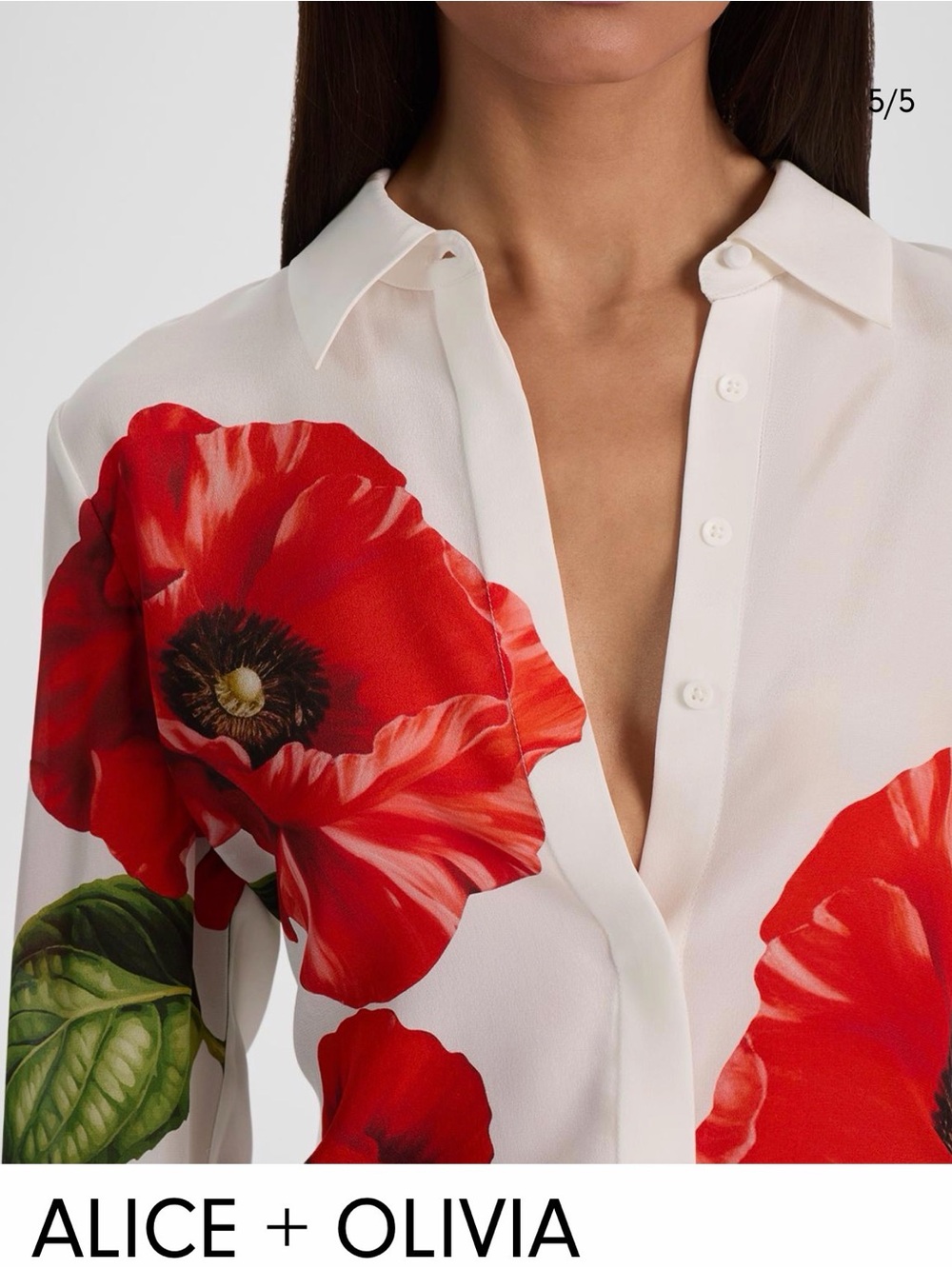 Alice + Olivia White Button-Down Blouse with Red Floral Print